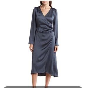 Lush Blue Faux Wrap Gathered Waist Satin Dress Womens S Nwt Size 6